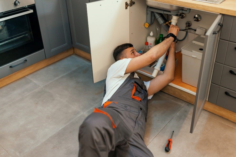 Professional team member of Quick Action Plumbers repairing the leaking sink in Atlanta, GA.