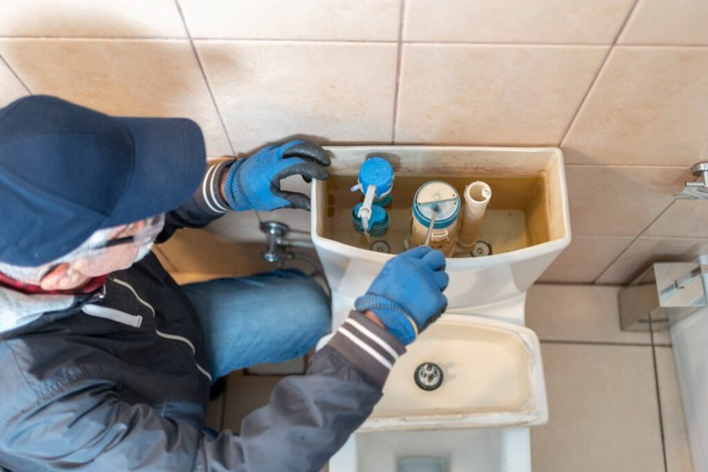 A plumber is repairing the toilet flush tank in Mableton & Cobb County, GA