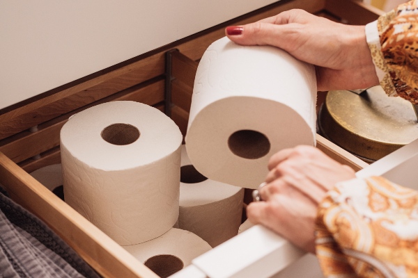 Toilet paper being pulled out of bathroom drawer