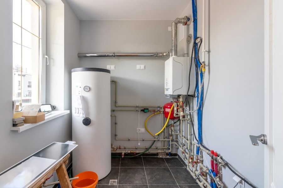 A room showcasing a tankless water heater alongside pipes in Atlanta, GA