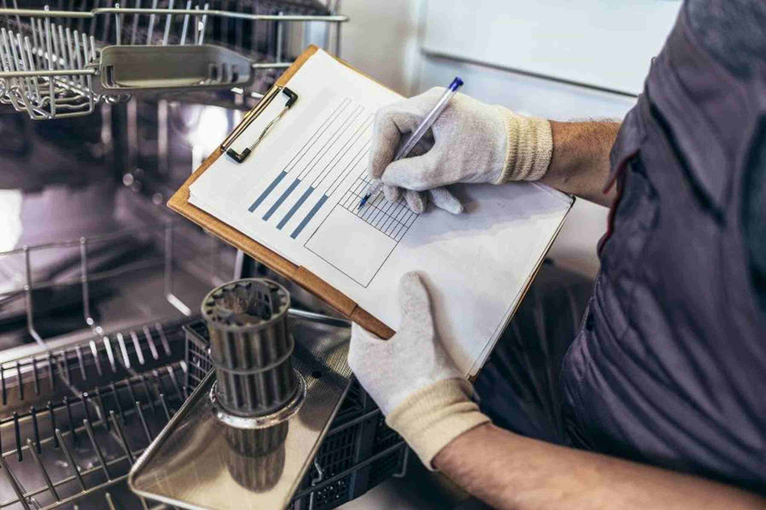 A man in white gloves is examining the dishwasher for commercial kitchen safety in Atlanta, GA.