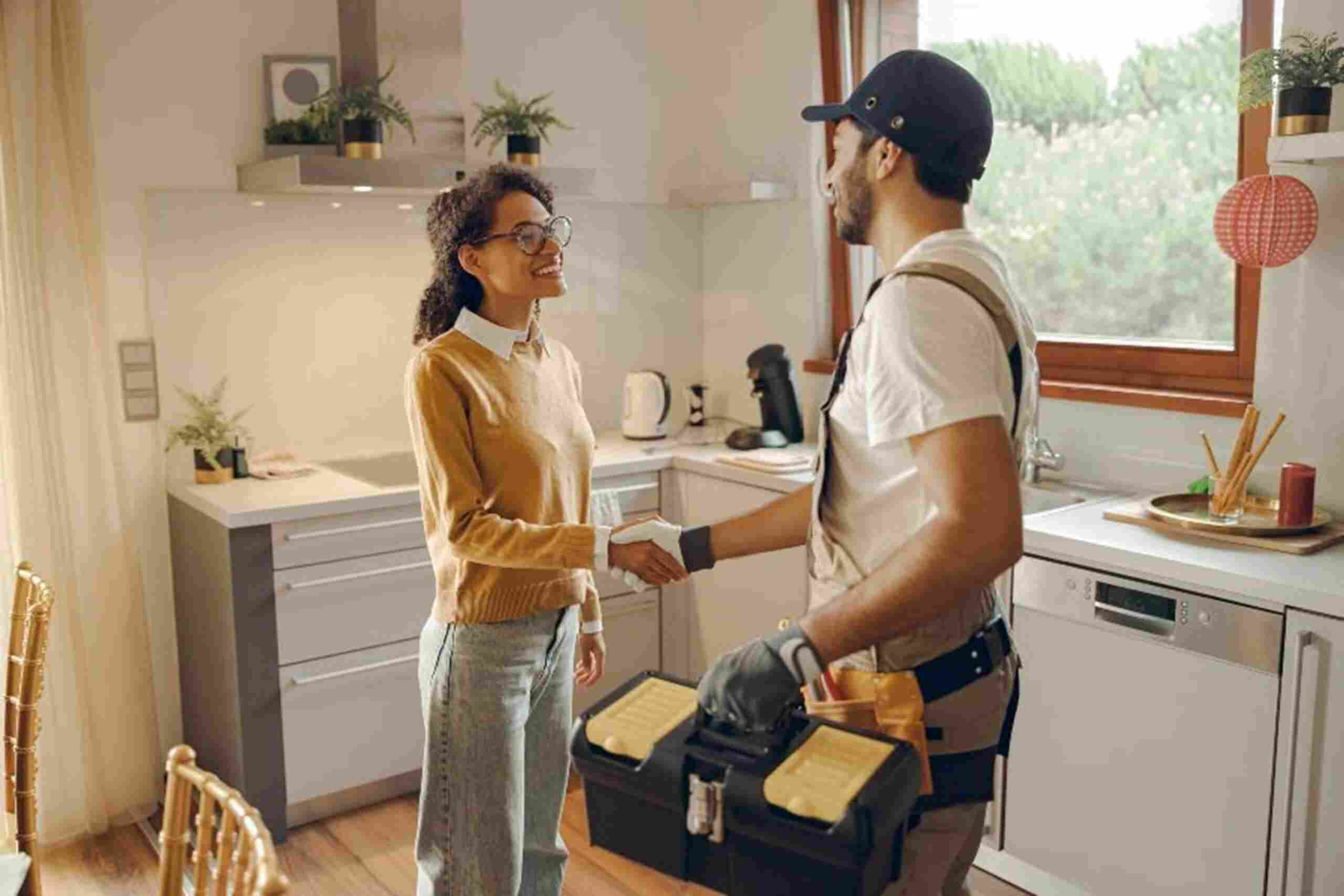 A plumber is shaking hands with a client after providing plumbing service in East Cobb, GA.